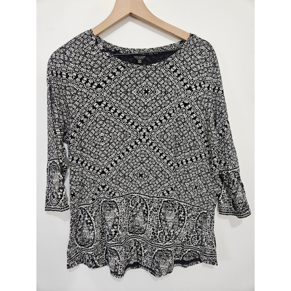 Lucky Brand Womens 1X Black‎ White Paisley Medallion Print 3/4 Sleeve Boho Top